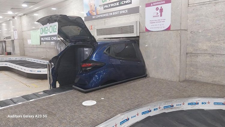Tata Motors showcases Altroz iCNG on the luggage conveyor belt at Mumbai's T1 Airport